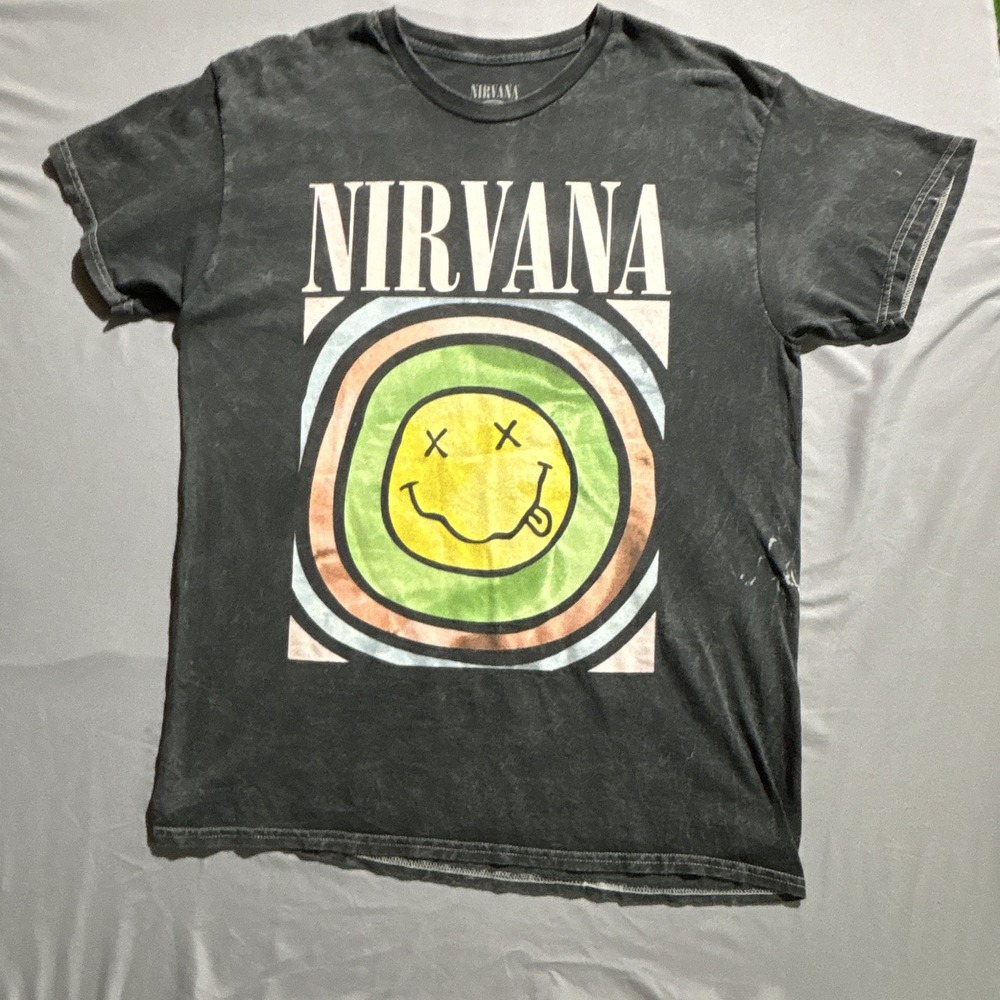 Nirvana Smiley Face Graphic T-Shirt Mens Large Gray Acid Wash Grunge Rock Tee